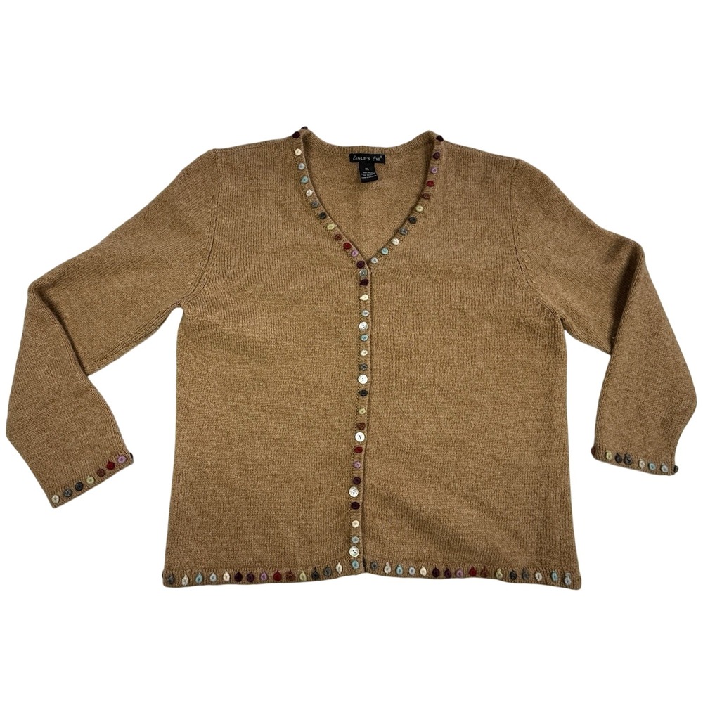 Vtg Eagles Eye Cardigan Sweater Artsy XL Brown 100% Wool Cottagecore Boho Fairy
